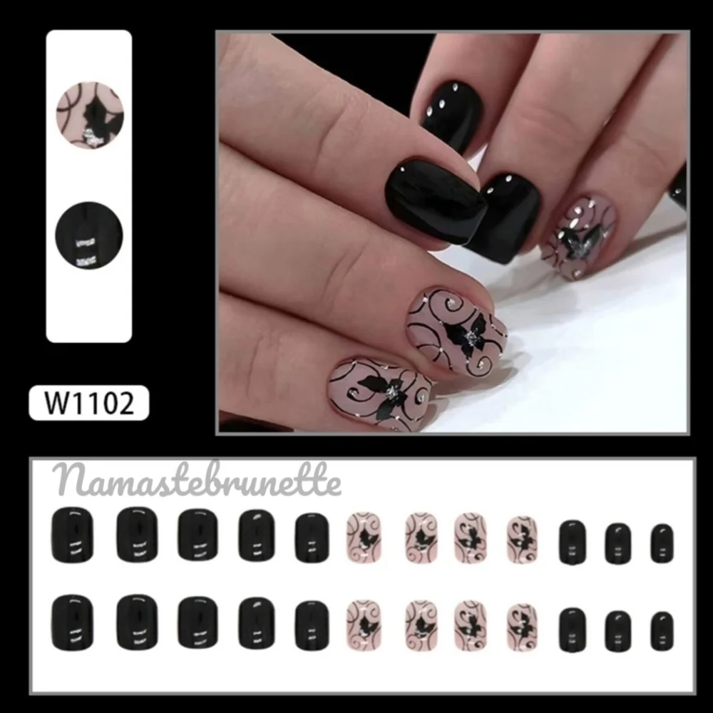 2/$16 Black Butterfly Glitter Press On Nails